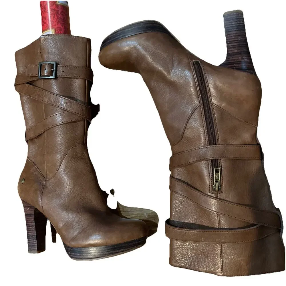UGG 1004150 Jardin Women Brown Leather PLATFORM Hi High Heel Boots Size 7